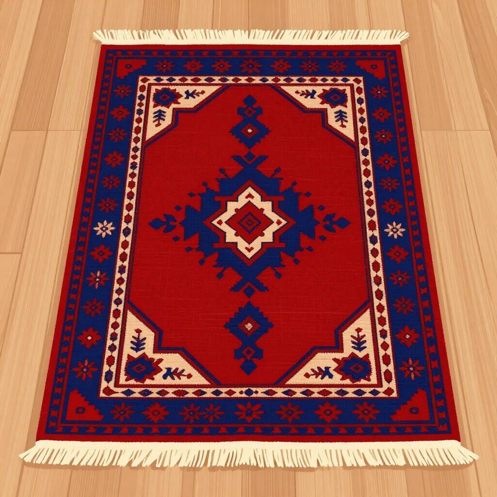 Un tappeto iracheno tessuto a mano con motivi geometrici tradizionali nei colori rosso, blu e oro.