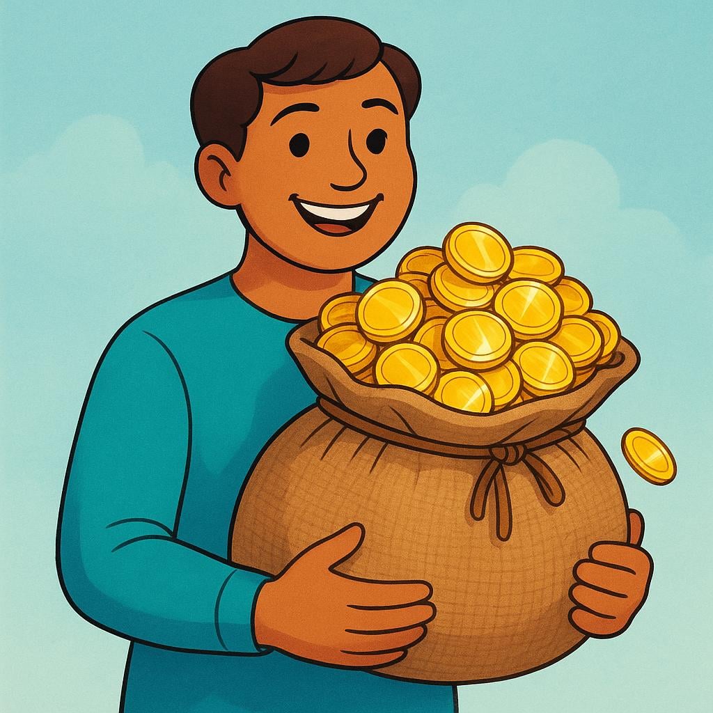 A broadly smiling person holding a large, overflowing sack of shiny gold coins, symbolizing a beneficial and favorable deal.