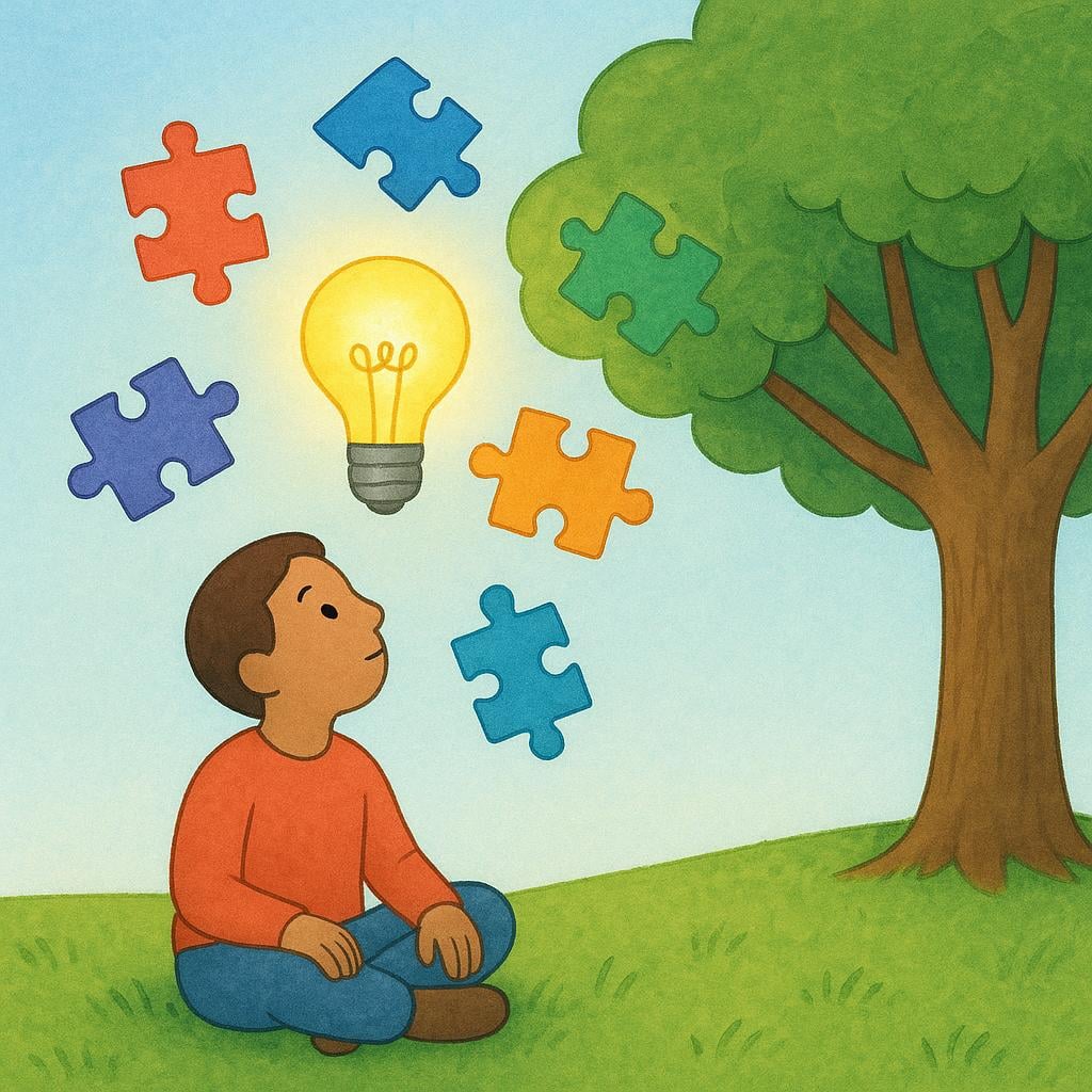 A person sitting under a tree, looking thoughtfully at a floating lightbulb and colorful puzzle pieces above their head.