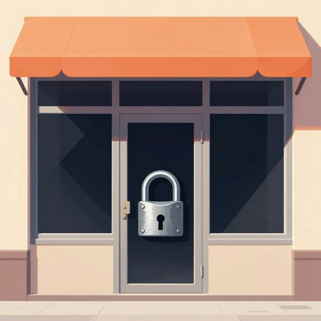 A small shop building with a large metal padlock on the front door and dark, empty windows.