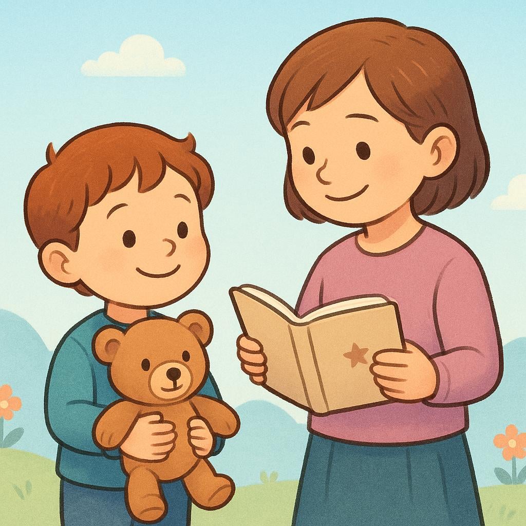 A small, smiling child holding a teddy bear standing beside a slightly taller, older version of themselves who is holding a simple book, representing growing up and maturing.