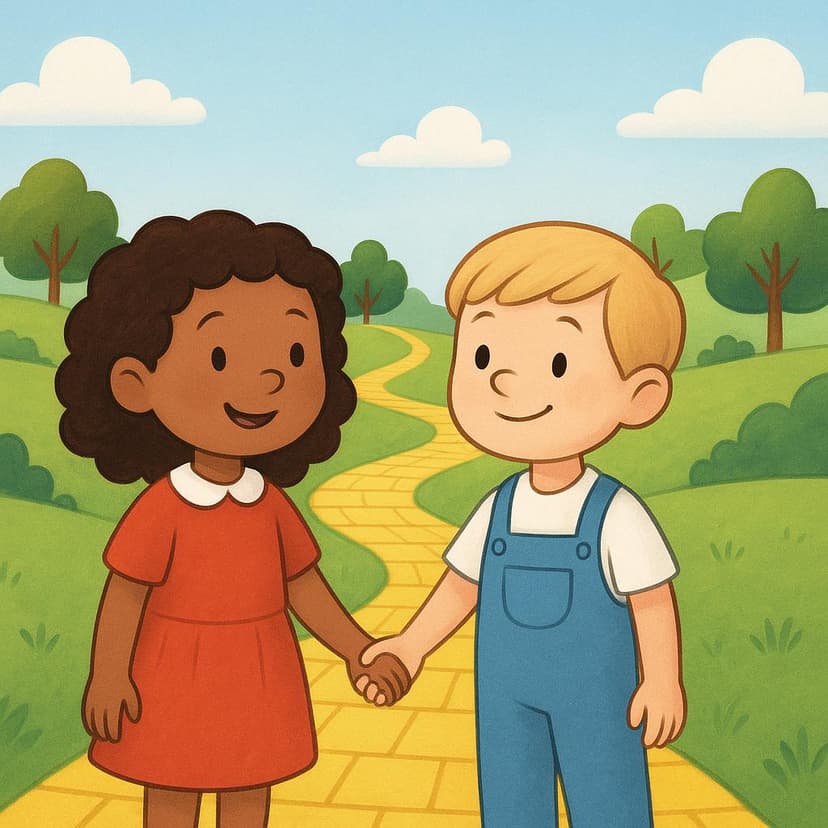 Two small children, holding hands, stand at the beginning of a brightly colored, winding path that leads into a lush landscape, suggesting they are about to start a journey.