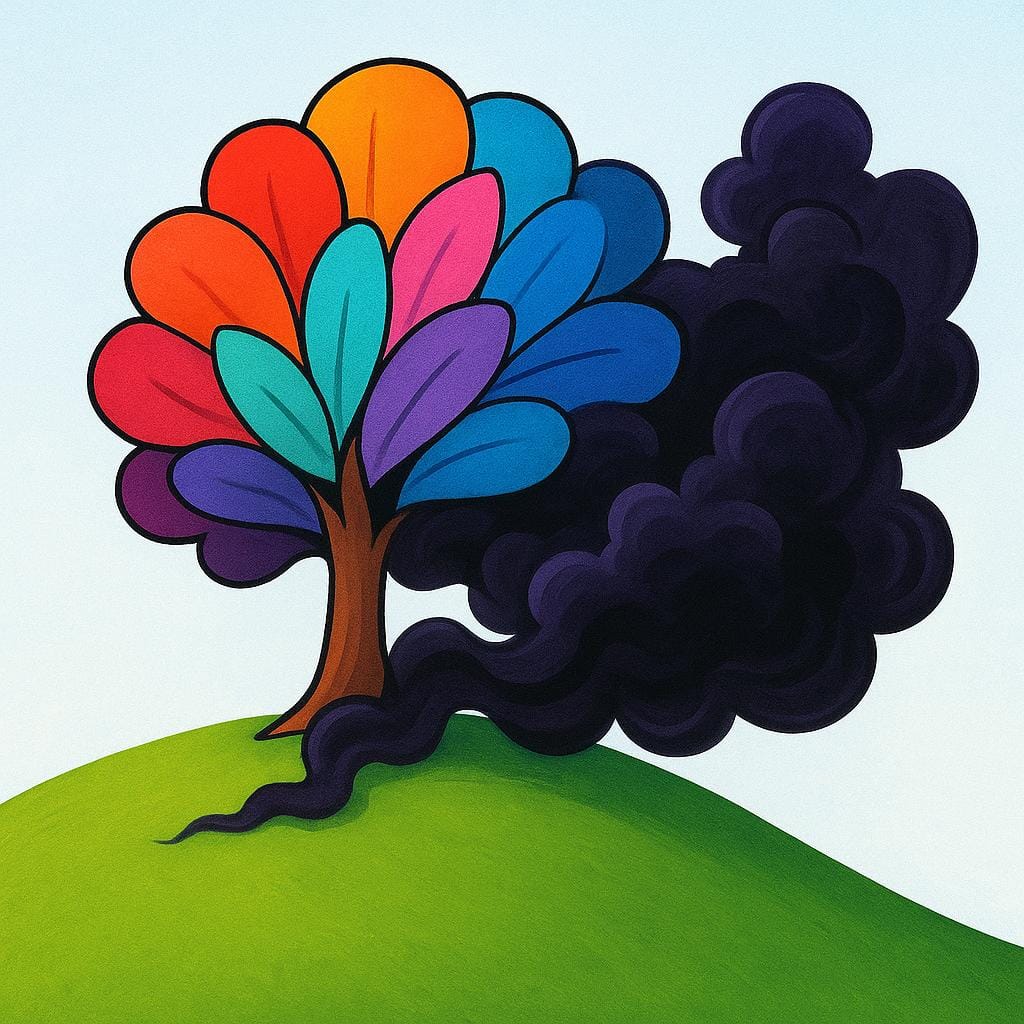 A colorful landscape featuring a solitary, healthy green tree on a bright hill. A creeping, dark swirl of deep purple and black shadow is moving across the ground towards the tree, symbolizing general evil.