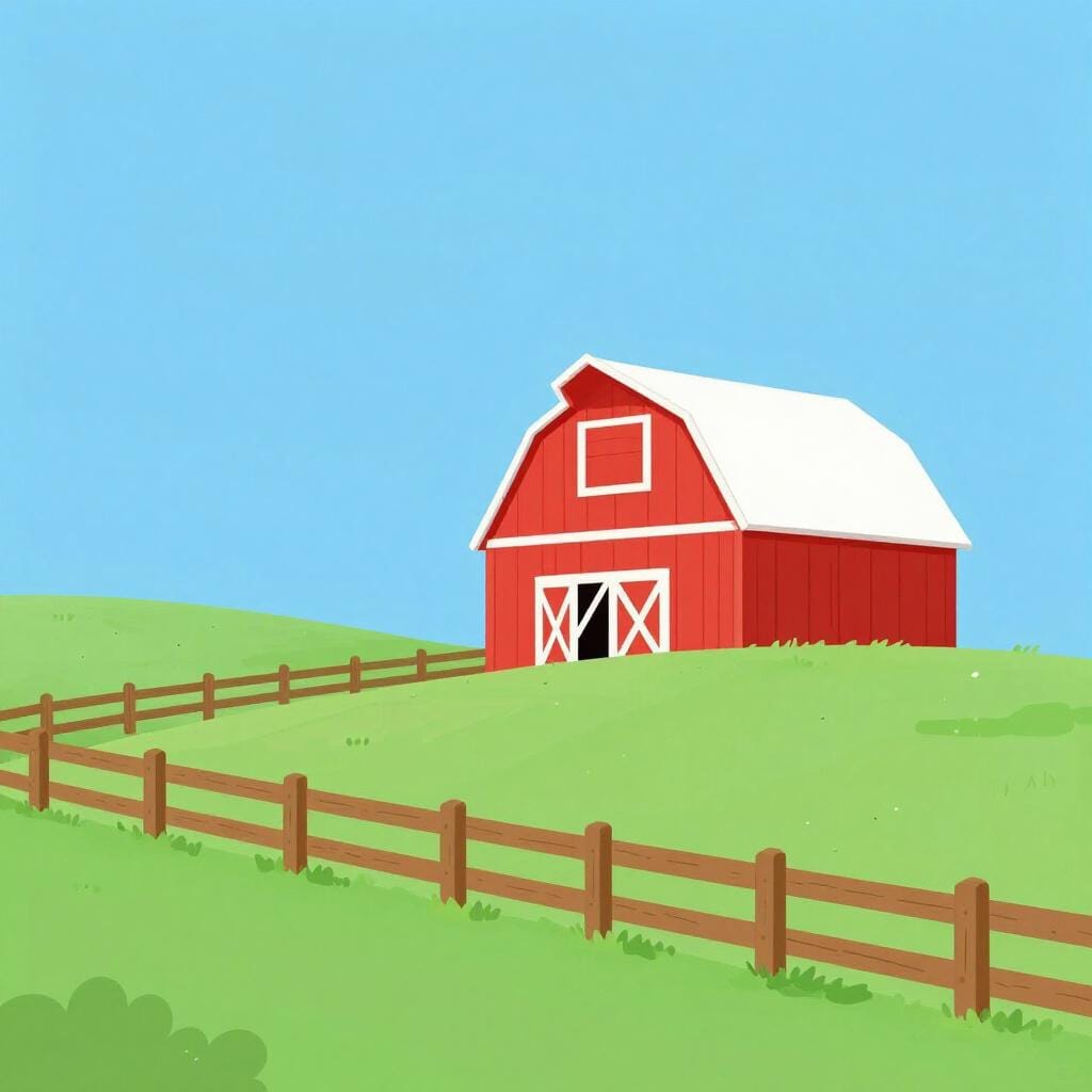 Uma cena pacífica no campo com um pequeno celeiro, uma colina verde ondulante e uma cerca de madeira.