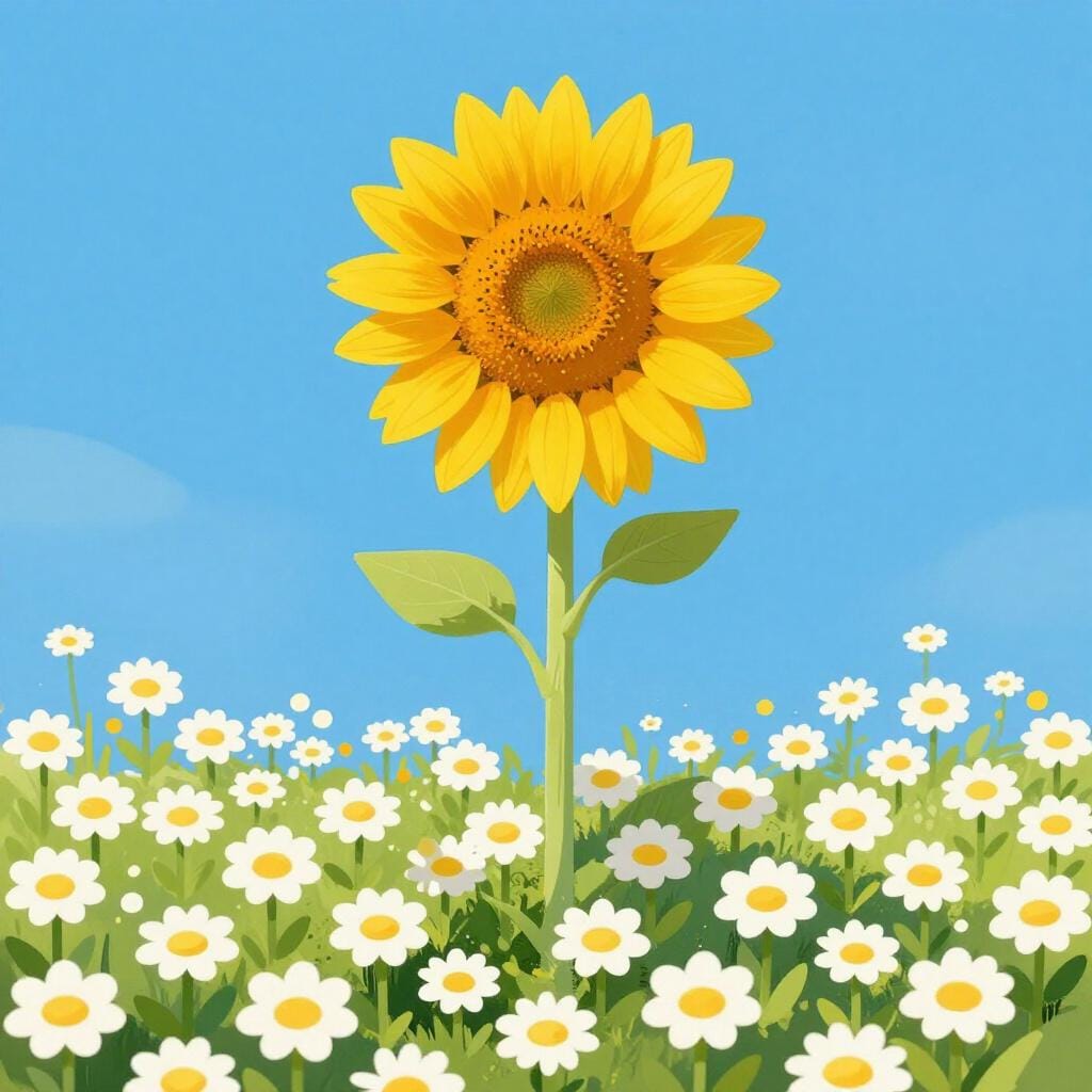 A single bright yellow flower growing taller and more vibrant than a group of small white flowers around it.