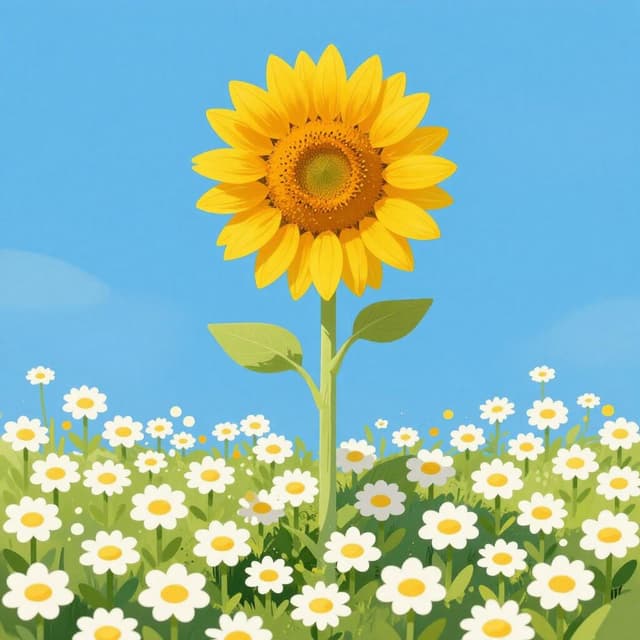 A single bright yellow flower growing taller and more vibrant than a group of small white flowers around it.