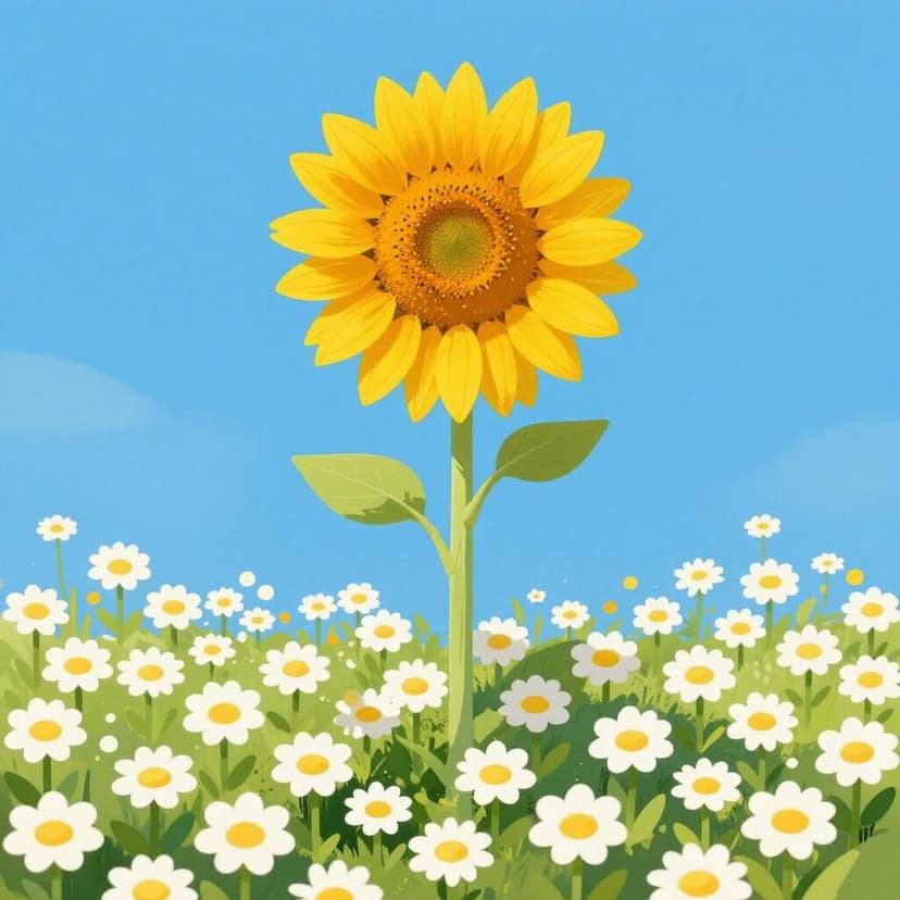 A single bright yellow flower growing taller and more vibrant than a group of small white flowers around it.