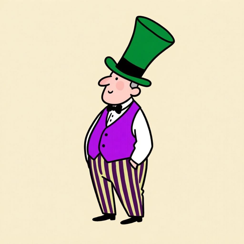 A whimsical illustration of an eccentric man wearing mismatched clothes and a funny hat, representing a 'crazy person'.