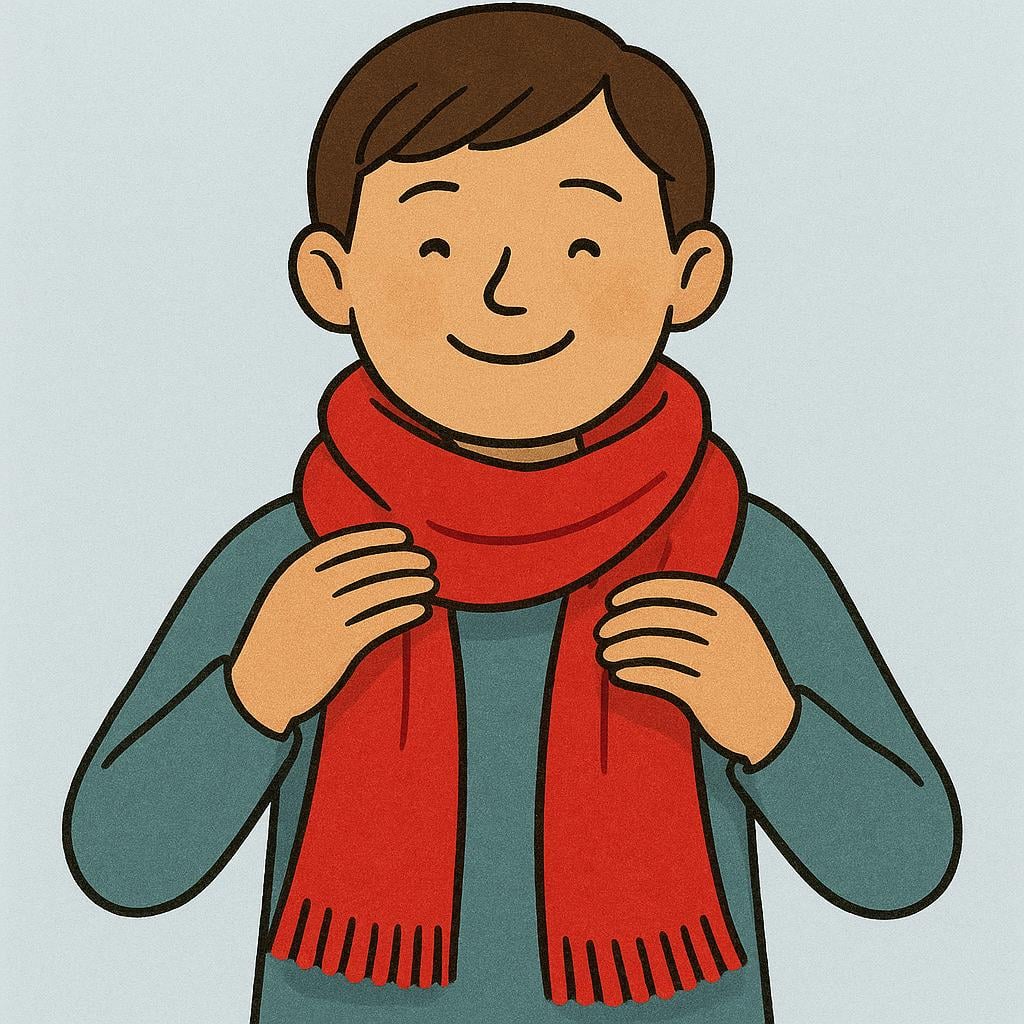 A storybook illustration of a person adjusting a bright red scarf around their neck.