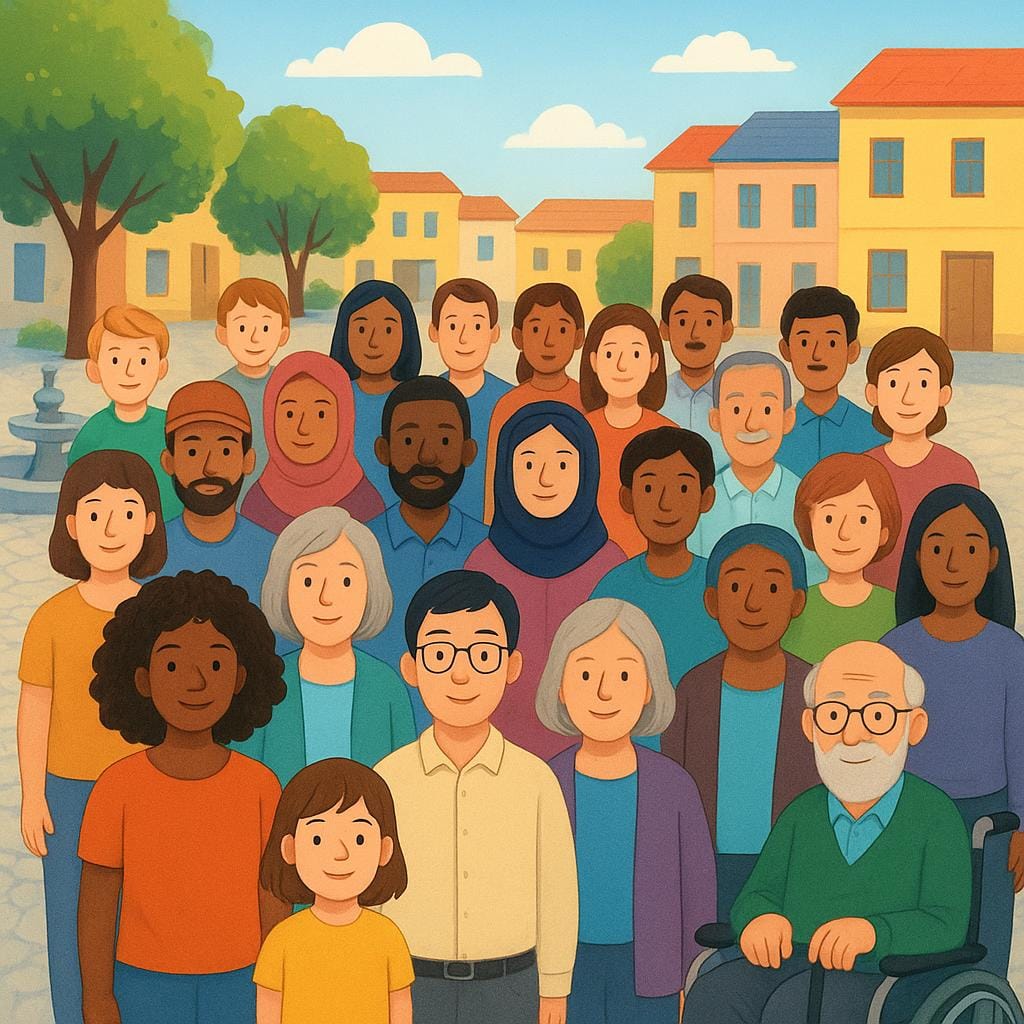 A large, diverse crowd of people standing close together in a sunny public square, representing 'the people' or the public.