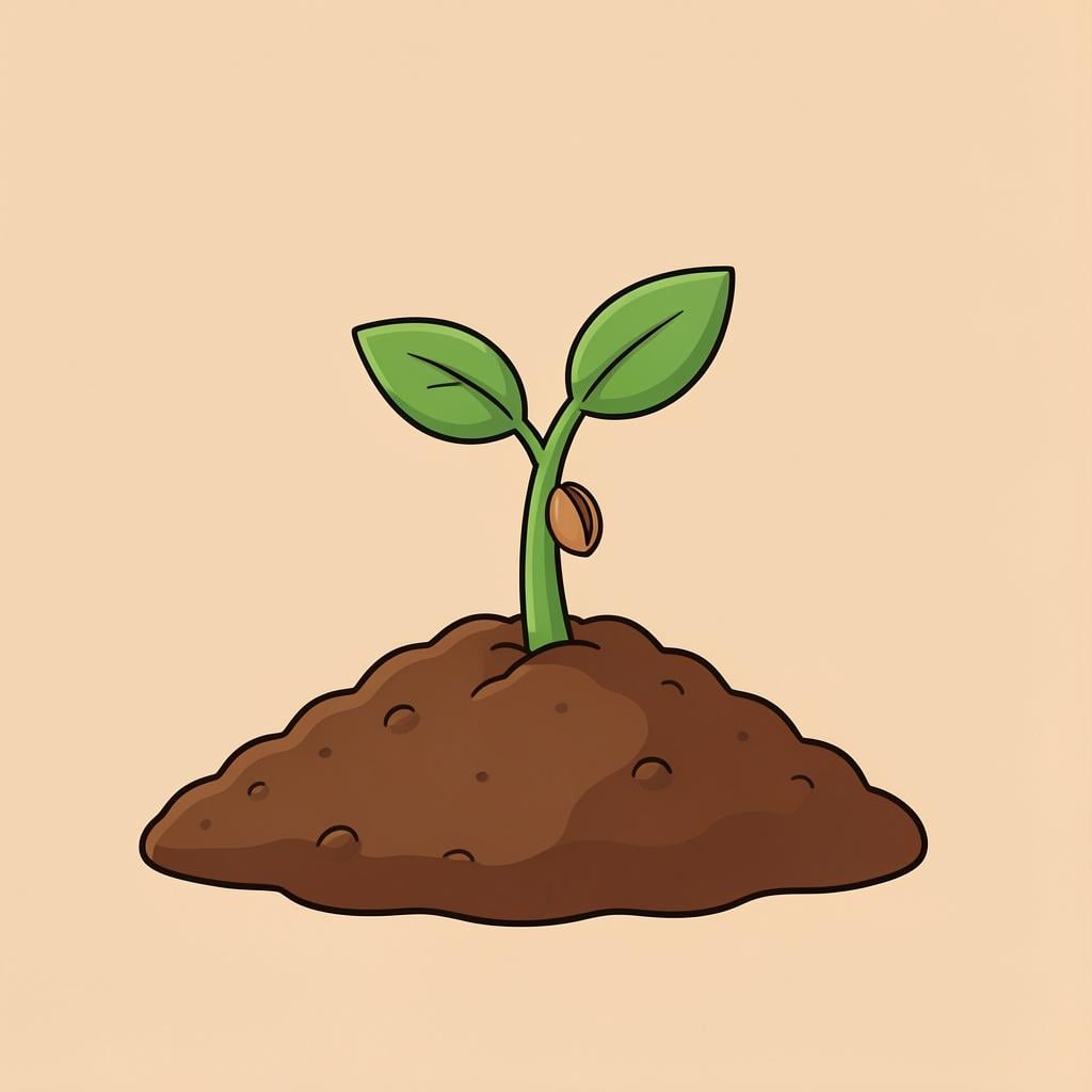 A small green sprout emerging from a seed in the dark soil, representing the beginning of growth.