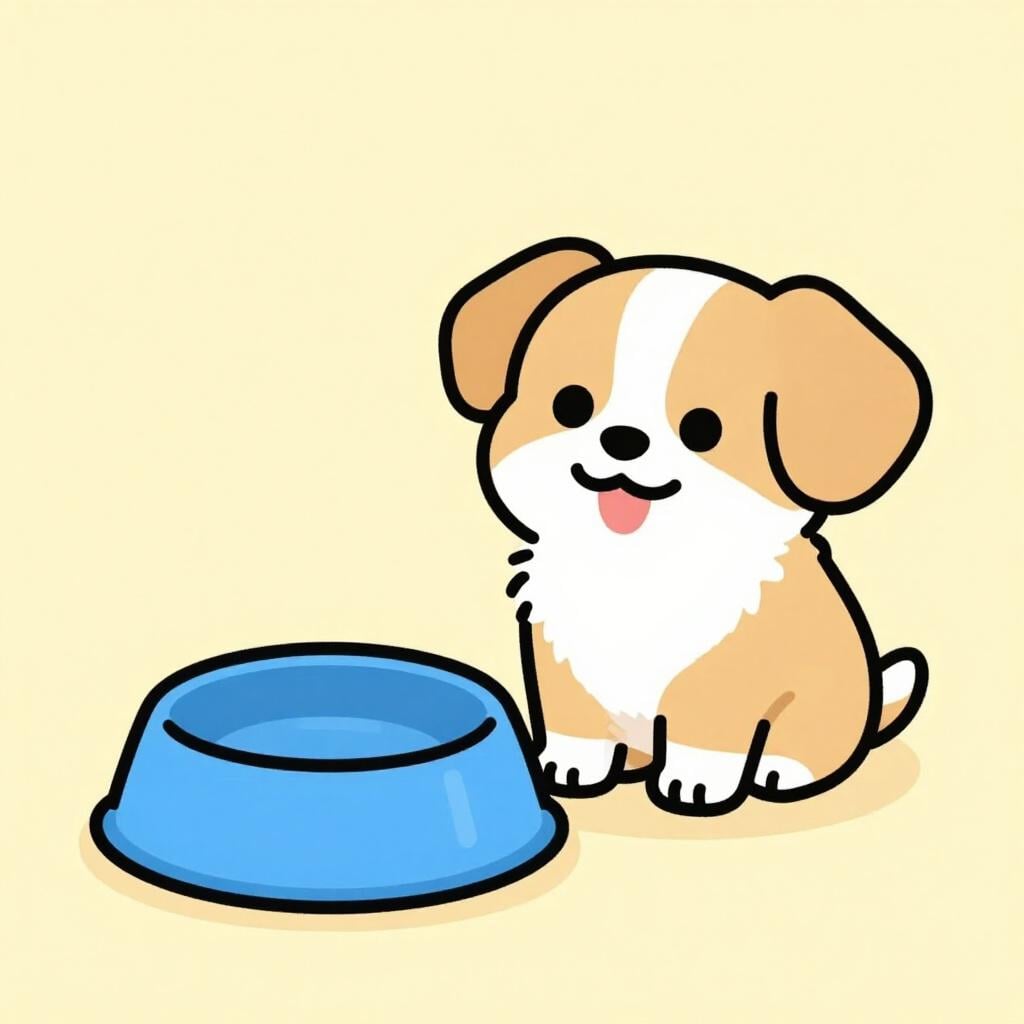 A small, hungry dog looking up at an empty bowl with a hopeful expression.