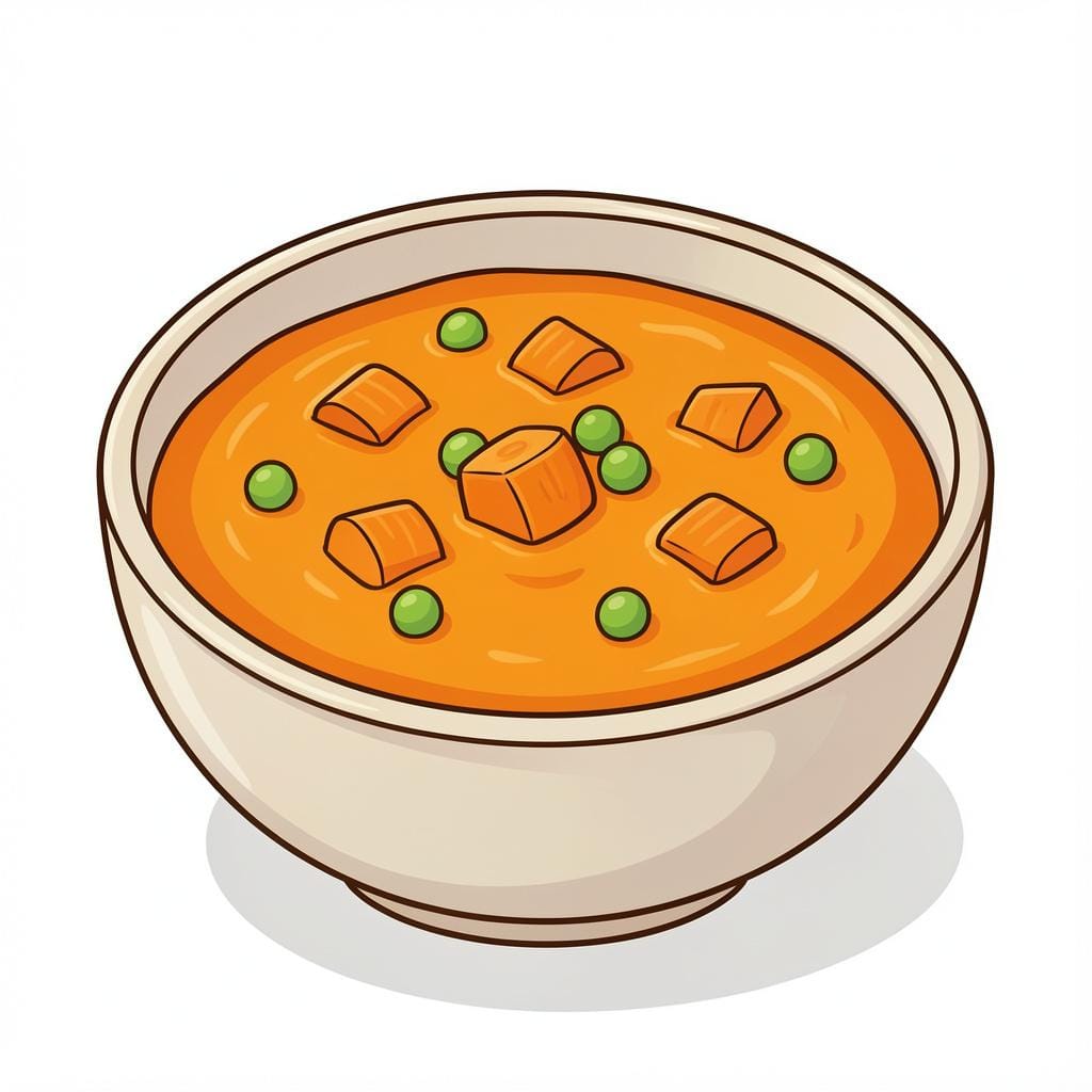 A bowl of thick vegetable soup with colorful steam rising from it.