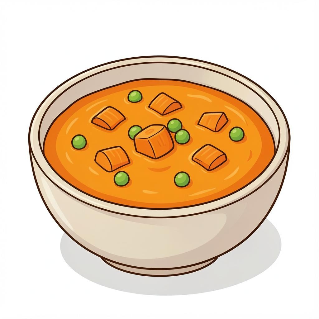 A bowl of thick vegetable soup with colorful steam rising from it.