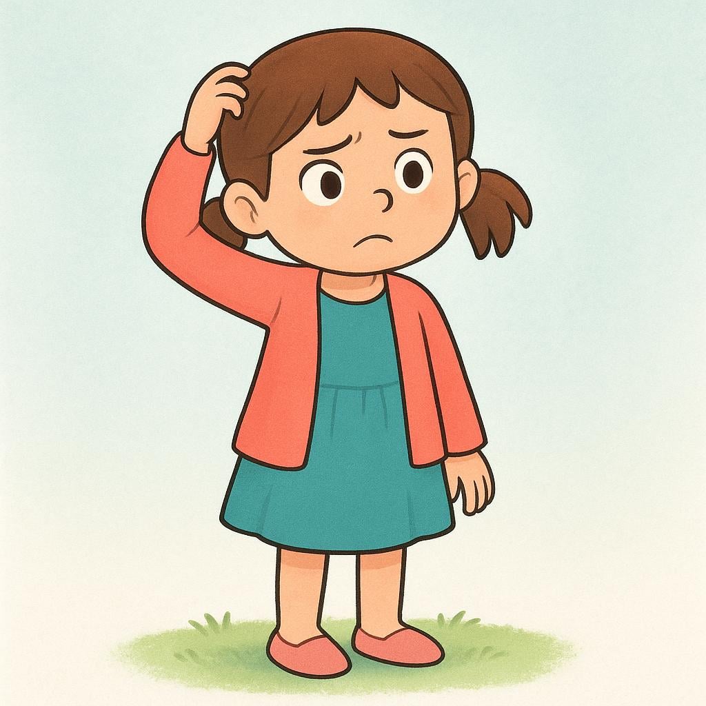 A young girl with a puzzled expression, scratching her head, surrounded by swirling, colorful shapes suggesting mental clutter and uncertainty.