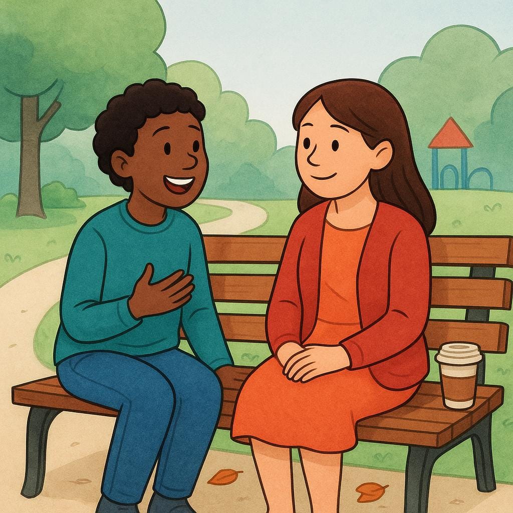 Dois personagens de livro de histórias coloridos, amigos, sentados em um banco em um parque, engajados em uma conversa.