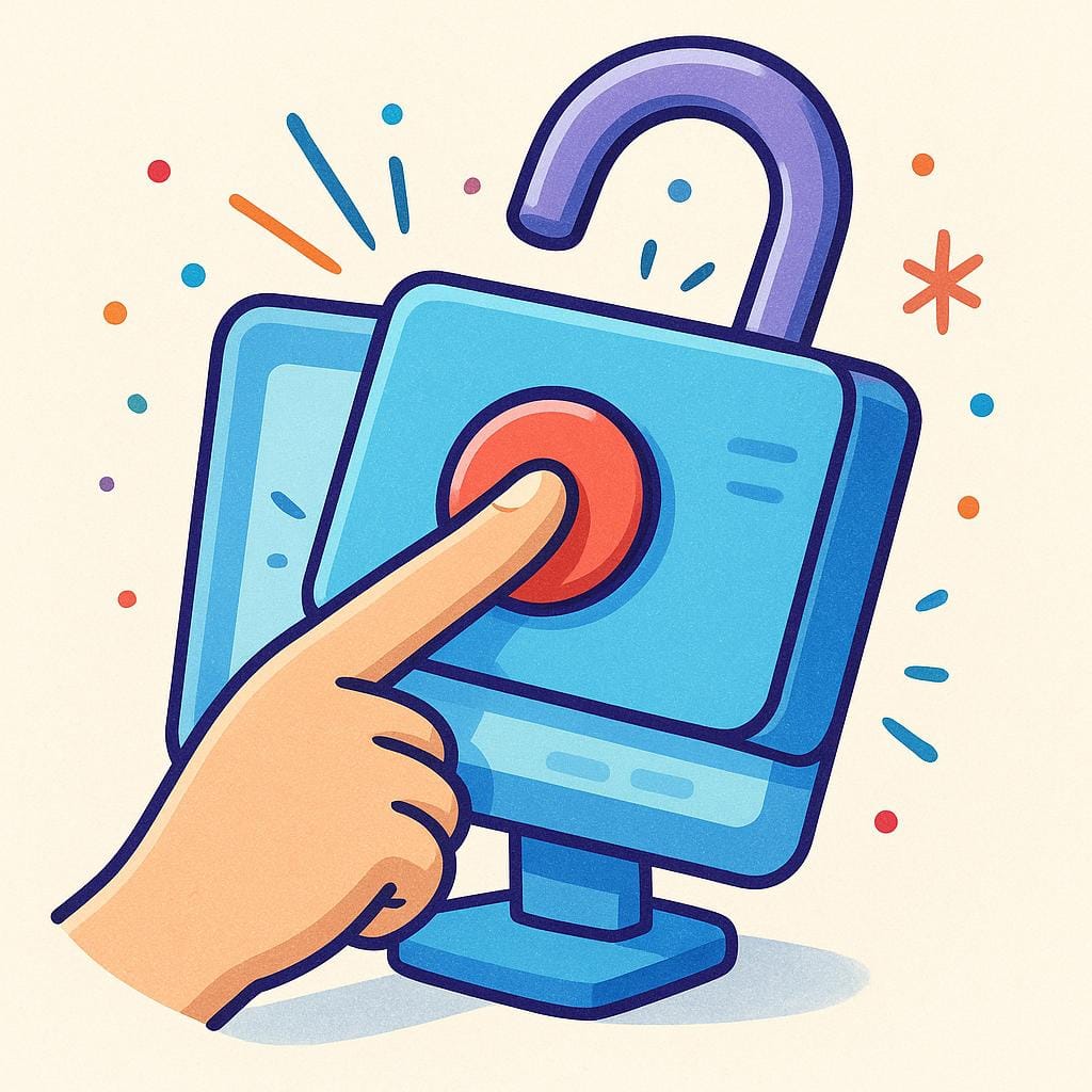 A cartoon hand typing on a brightly colored padlock-shaped keyboard, causing the lock to click open.