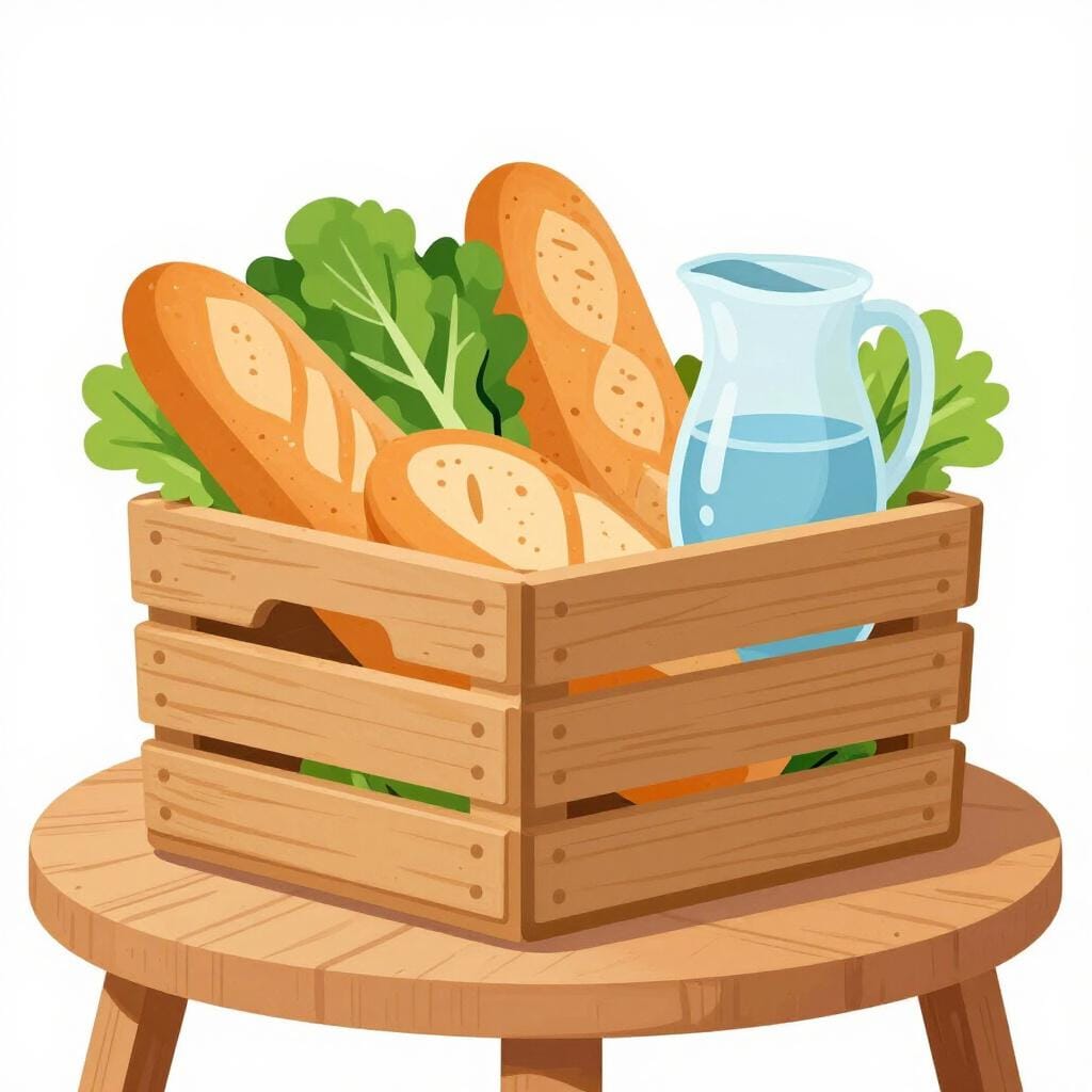 A wooden crate filled with fresh loaves of bread, green vegetables, and a glass pitcher of water.