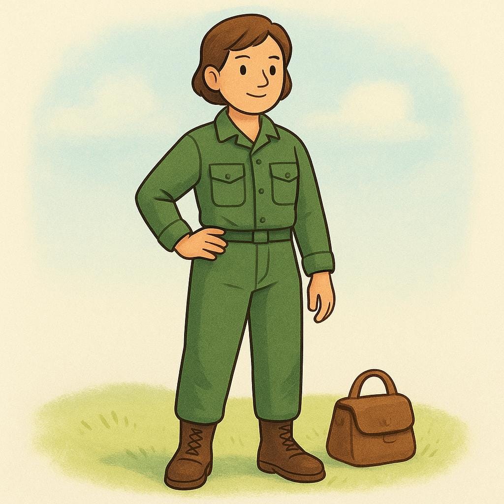 A young adult wearing a simple military-style uniform and boots, standing straight with a canvas bag, signifying readiness for conscription.