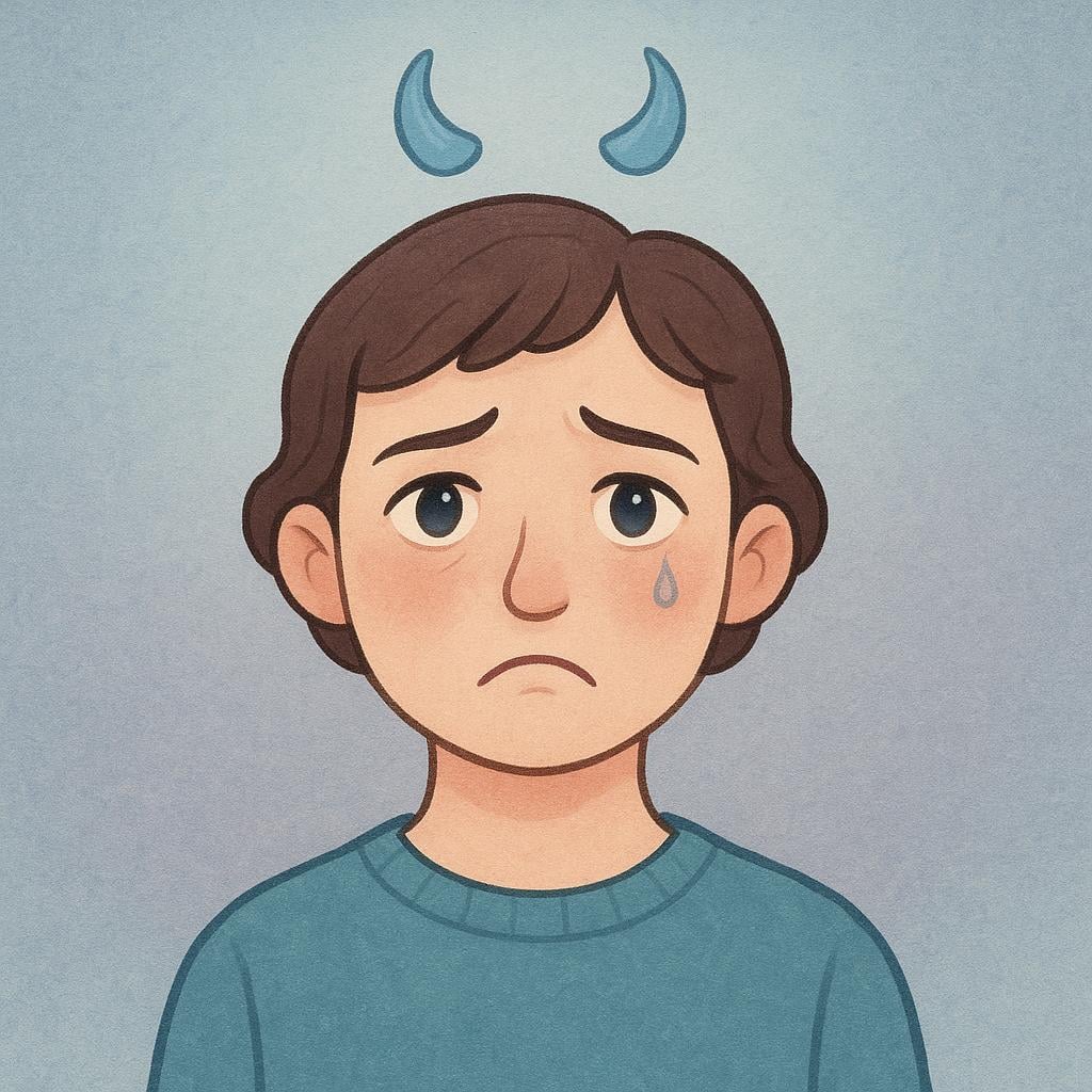 A sad, simplified illustration of a person looking betrayed. A small, symbolic pair of horns is floating above their head, representing infidelity.