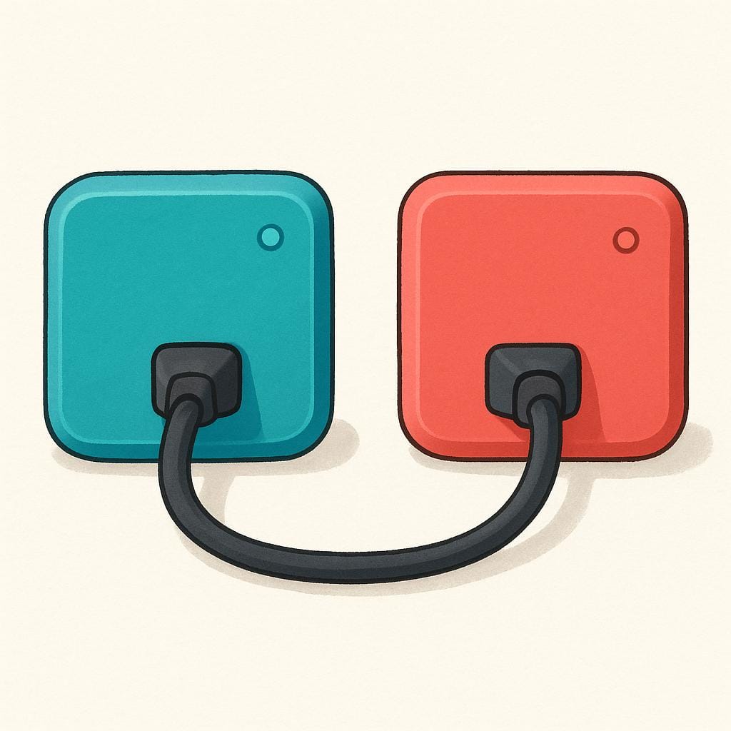 A bright red electrical cord connecting two simple, stylized electronic devices, symbolizing a physical link.