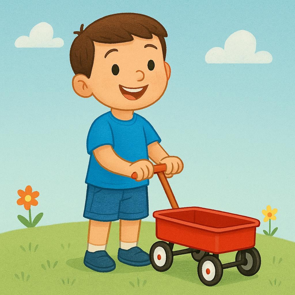 A young boy happily holding a bright red toy wagon, illustrating possession.