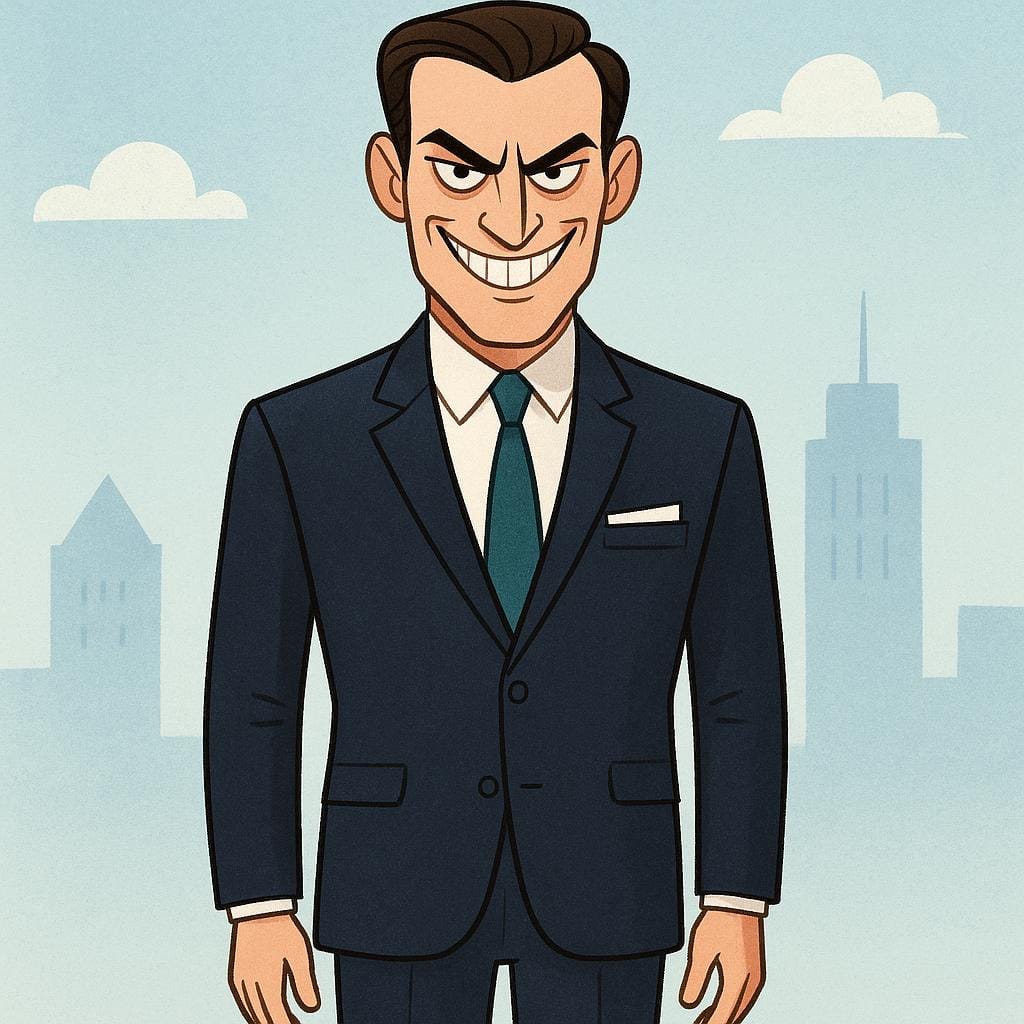 Uma ilustração simplificada de um homem sério e bem vestido, de terno e gravata, em pé com um sorriso predatório e exagerado, simbolizando um agiota.