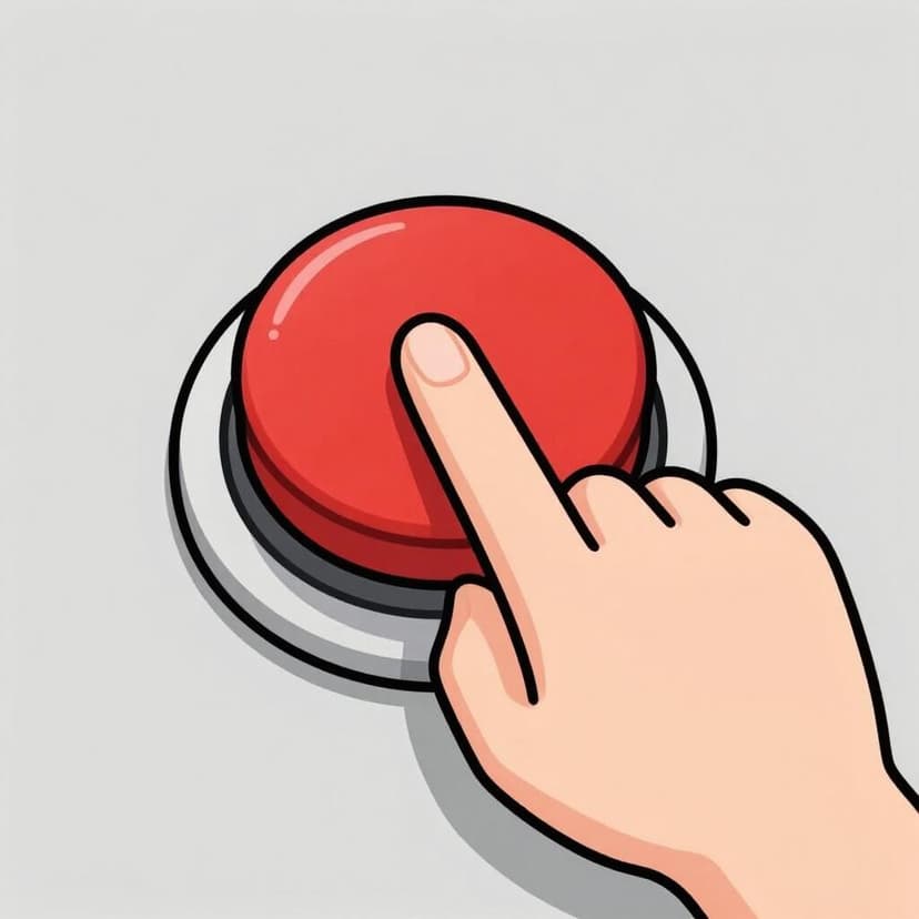 A close-up of a human finger pressing down on a large, bright red round button.
