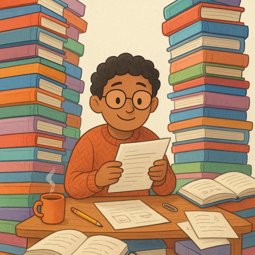 A person sitting at a desk, completely surrounded by towering stacks of colorful books and papers, intensely focused on reading a document.