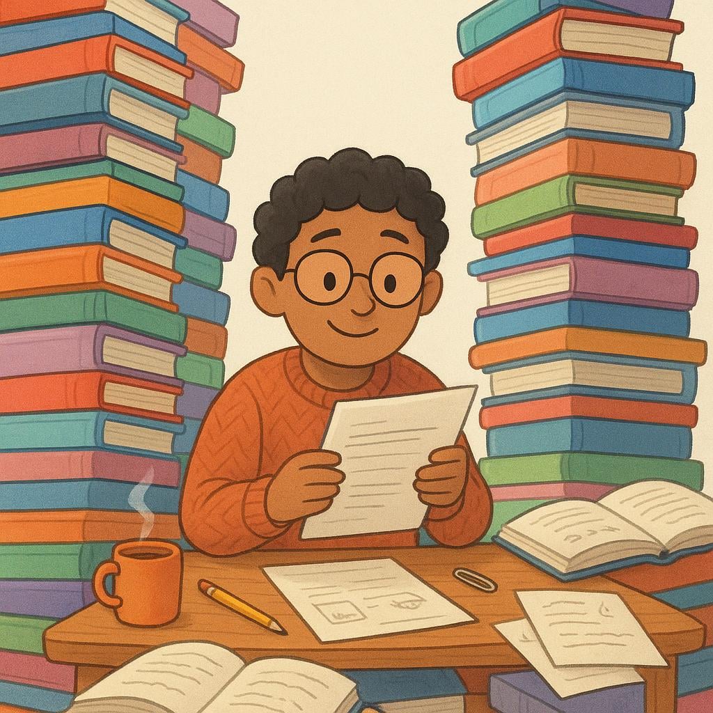 A person sitting at a desk, completely surrounded by towering stacks of colorful books and papers, intensely focused on reading a document.