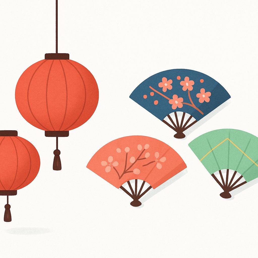A collection of Japanese cultural items, including two red paper lanterns and several stylized folding fans, resting near pink cherry blossoms.