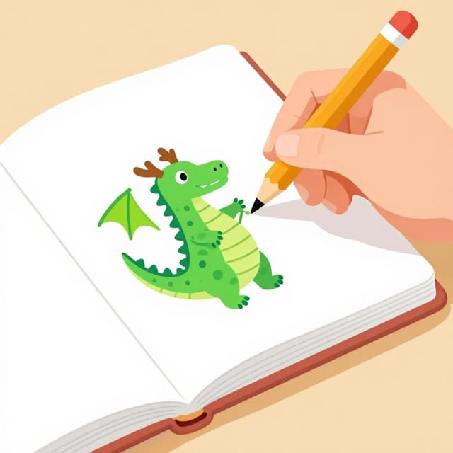 A child drawing a colorful dragon in a book.