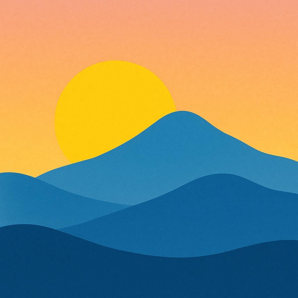 A bright yellow sun peaking over a distant mountain range at dawn, illustrating the concept of rising or coming out.