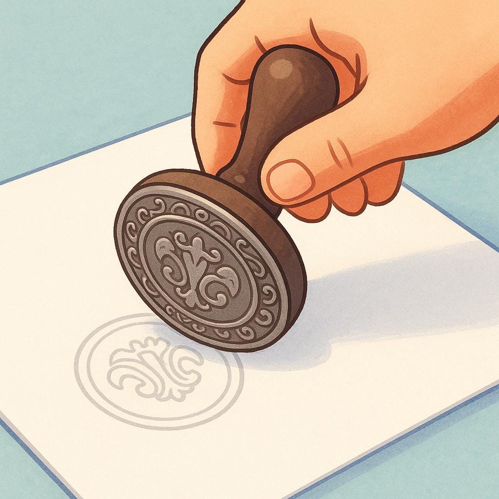 Een close-up van een hand die een groot, sierlijk, rond officieel zegel op een eenvoudig wit document drukt, wat autorisatie symboliseert.