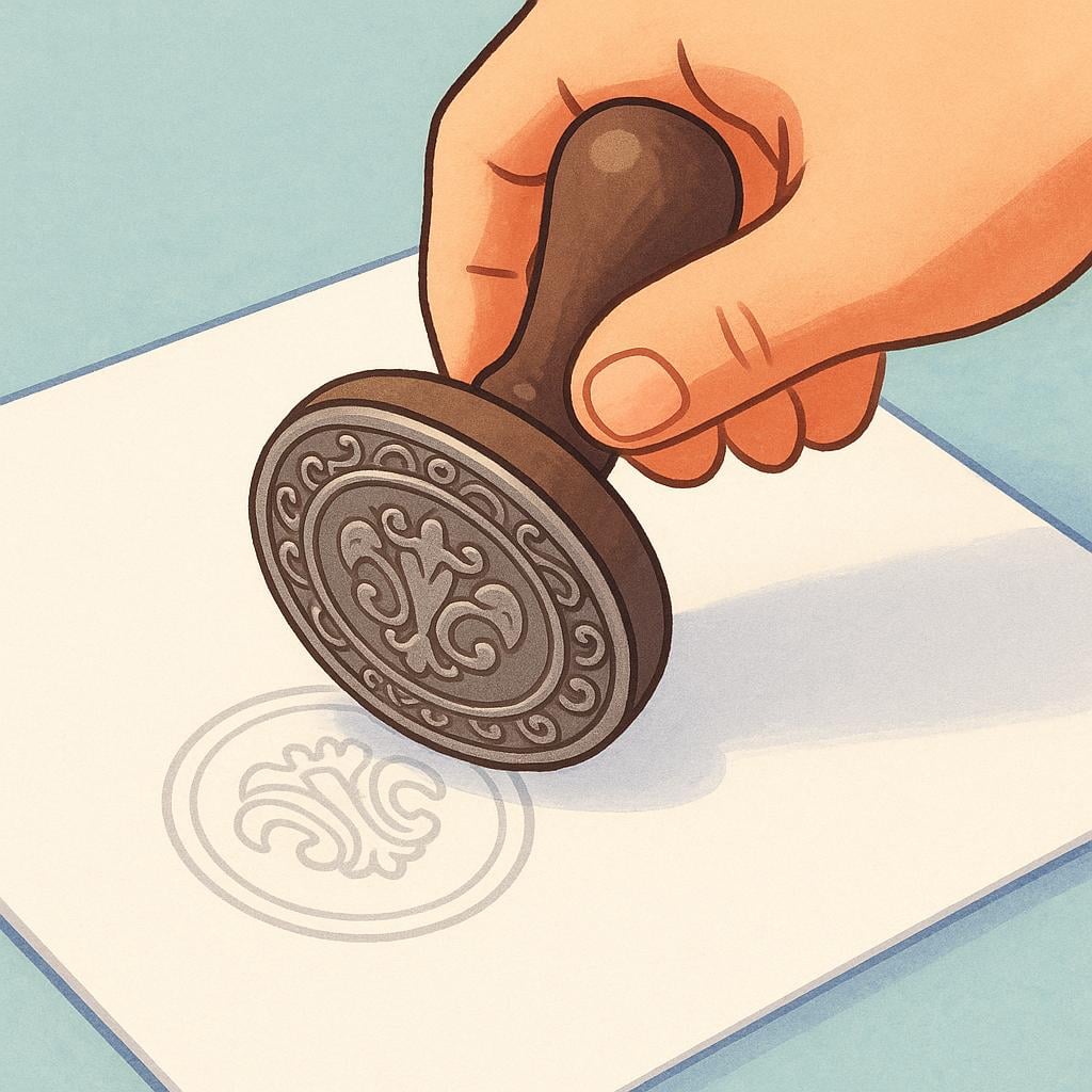 A close-up view of a hand pressing a large, ornate, round official seal onto a simple white document, symbolizing authorization.