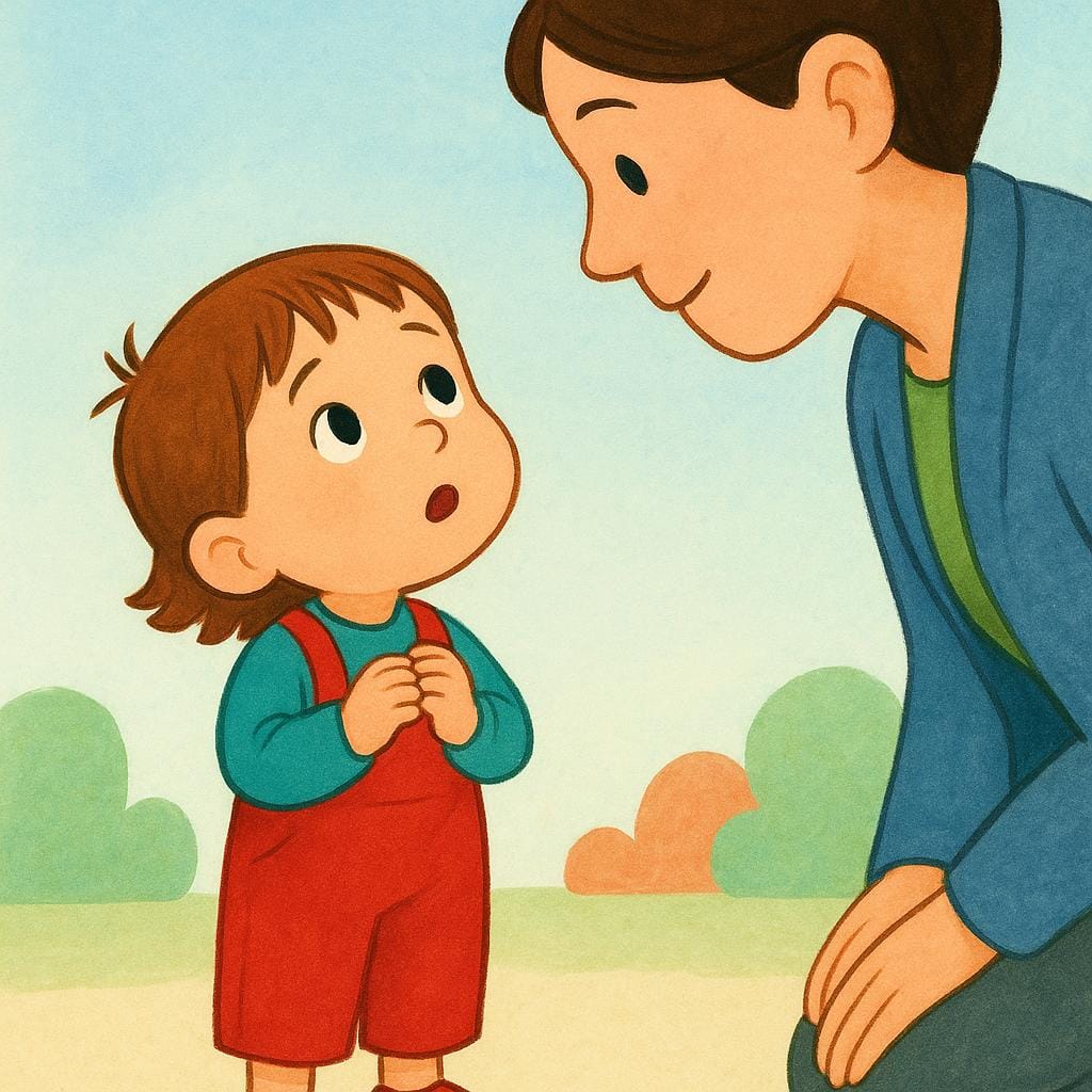 작은 아이가 어른에게 집중해서 질문하는 듯한 모습을 보여주는 밝고 다채로운 삽화.