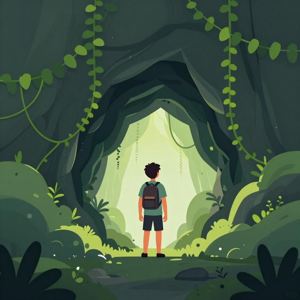 A brave explorer standing at the entrance of a glowing, mysterious cave in a jungle.