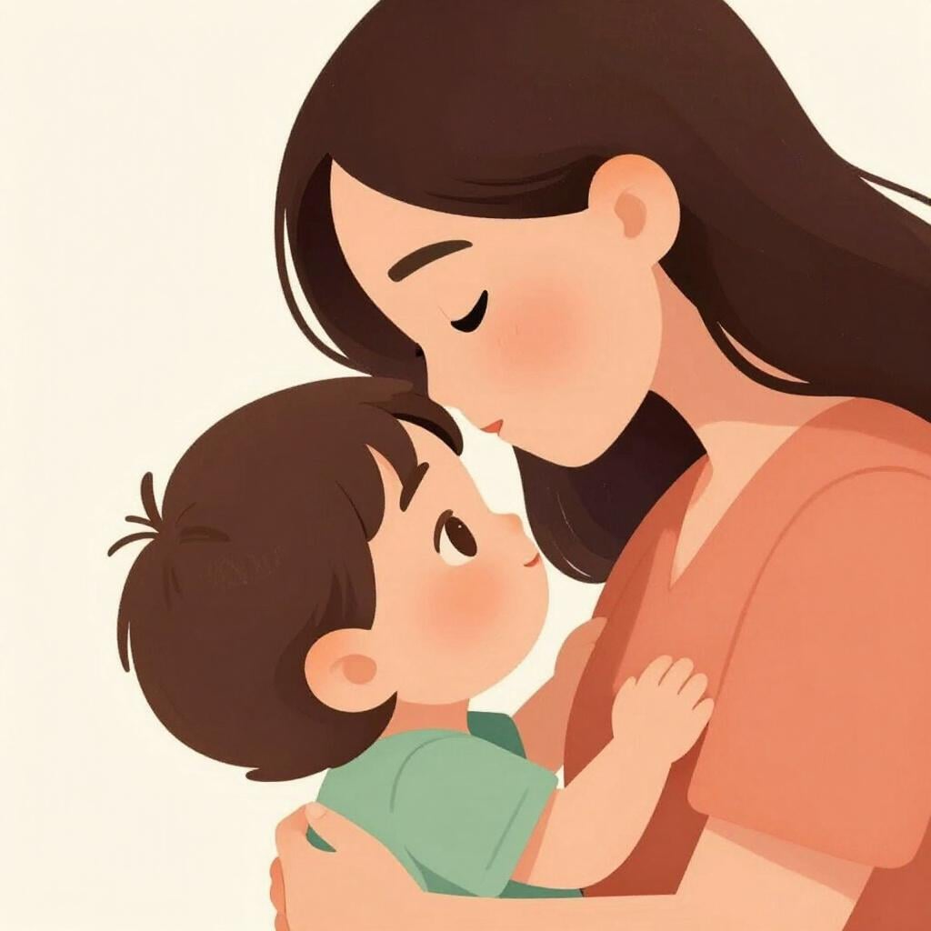 A gentle and heartwarming illustration of a mother kissing her young child on the forehead.