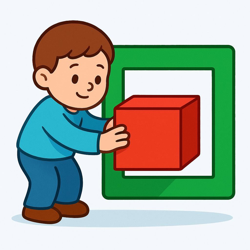 A person using their hands to carefully push a square block into the exact middle of a designated frame.
