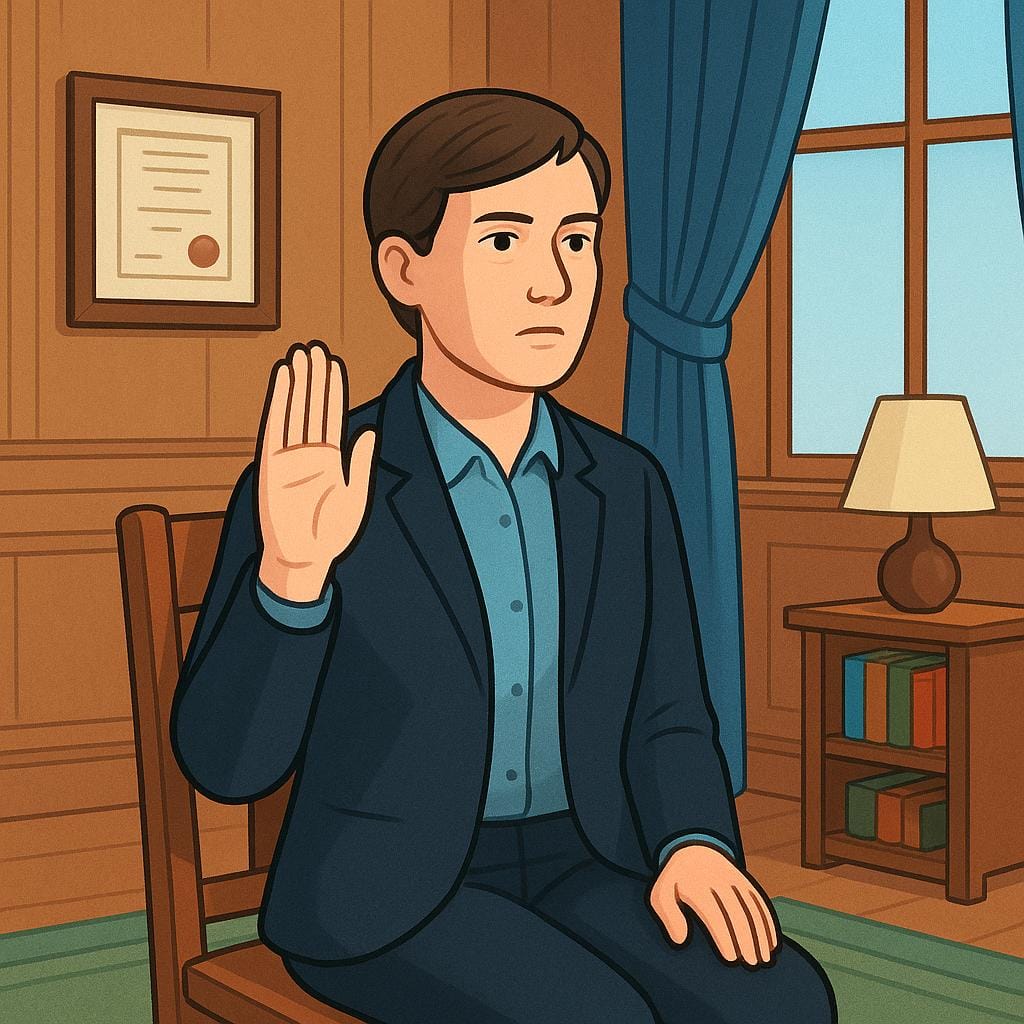 A serious-looking adult sits on a simple wooden chair in a formal room, raising their right hand, symbolizing testifying in court.