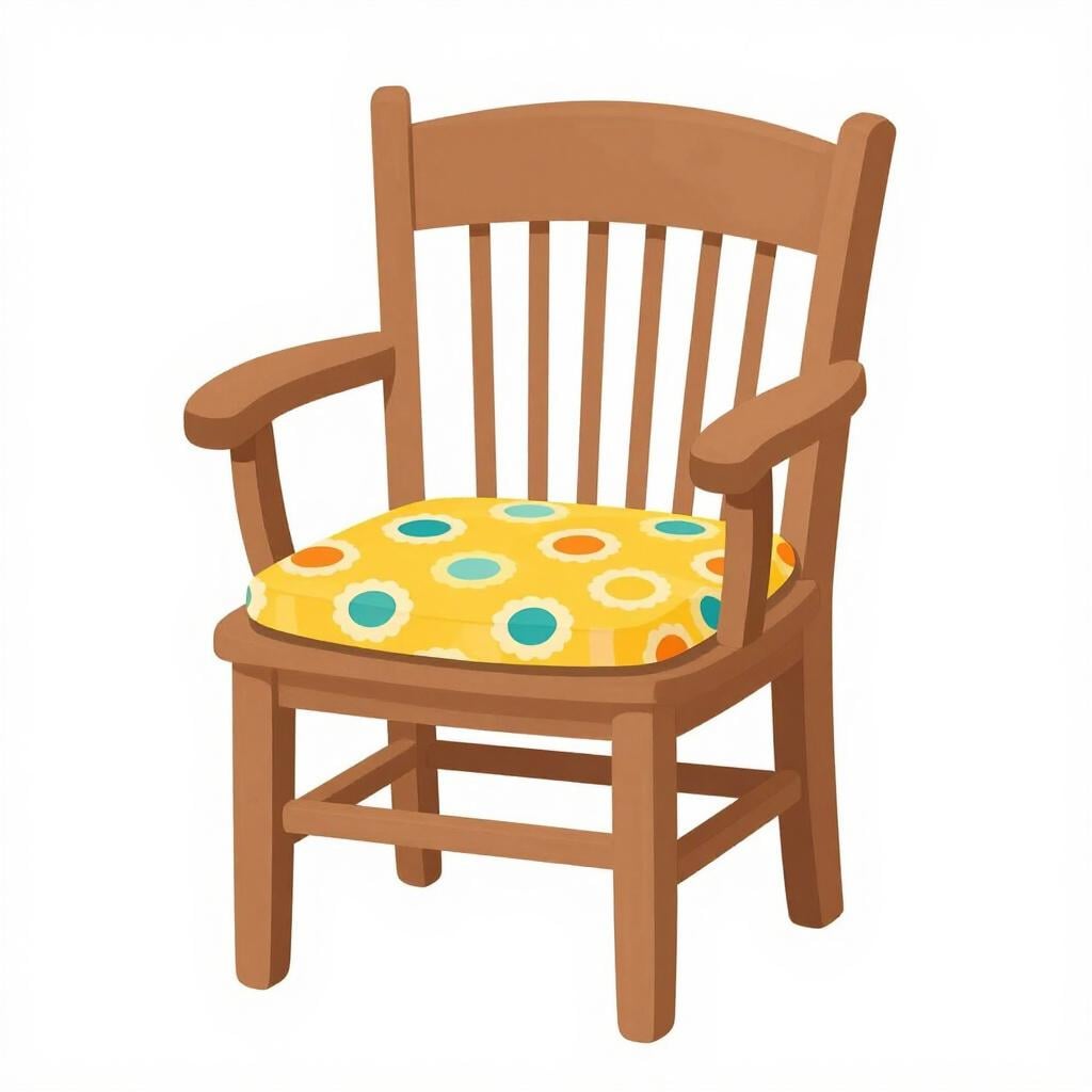 A simple wooden chair with a colorful cushion placed on top as an extra item.