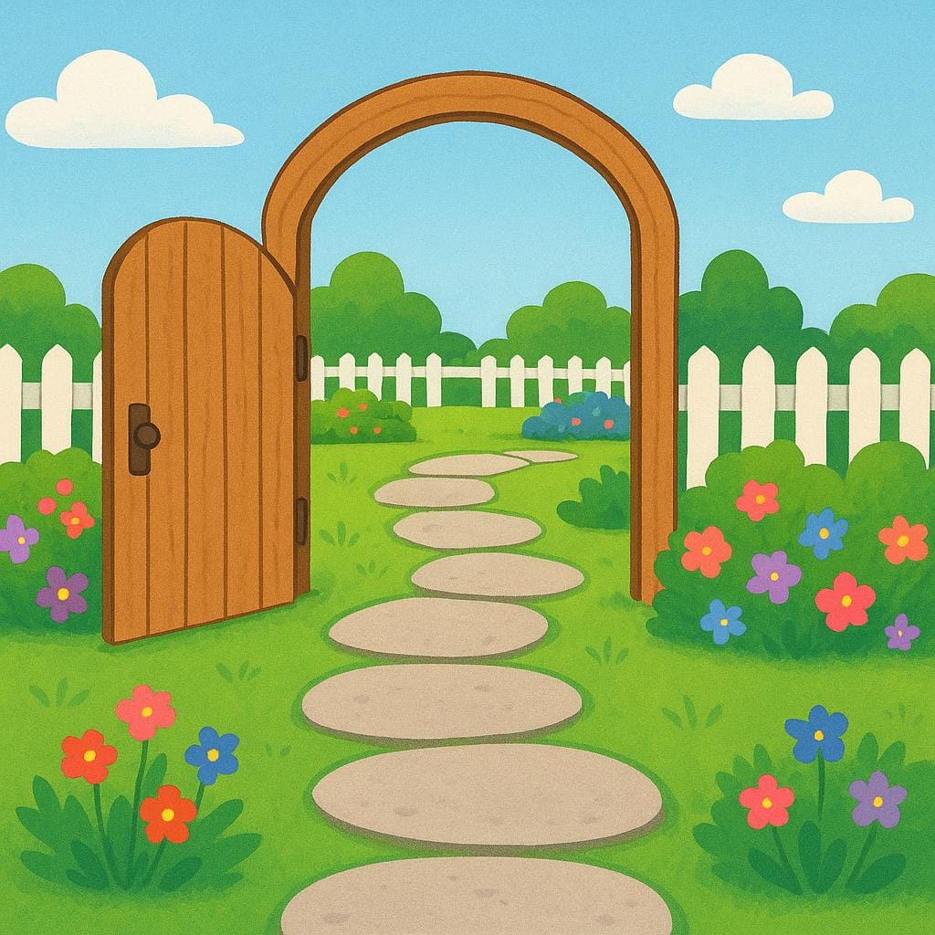 A winding, clearly marked stone path leading through an open wooden gate into a sunny green meadow, illustrating a physical entry point.