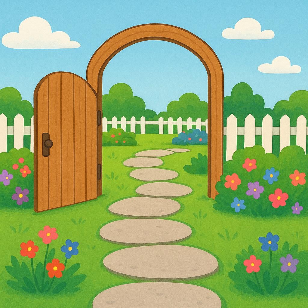 A winding, clearly marked stone path leading through an open wooden gate into a sunny green meadow, illustrating a physical entry point.