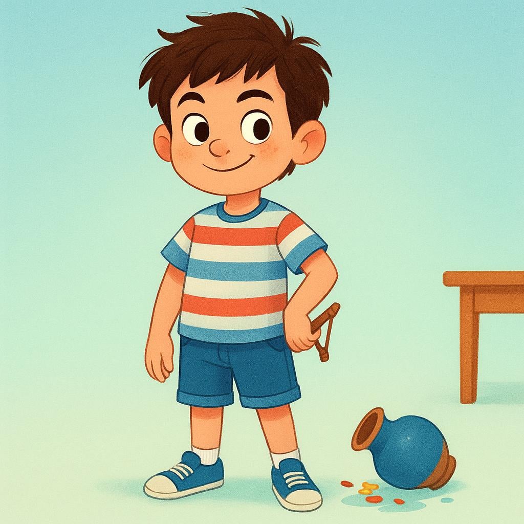 A mischievous-looking young boy with a playful smirk, holding a slingshot behind his back, illustrating a rascal.