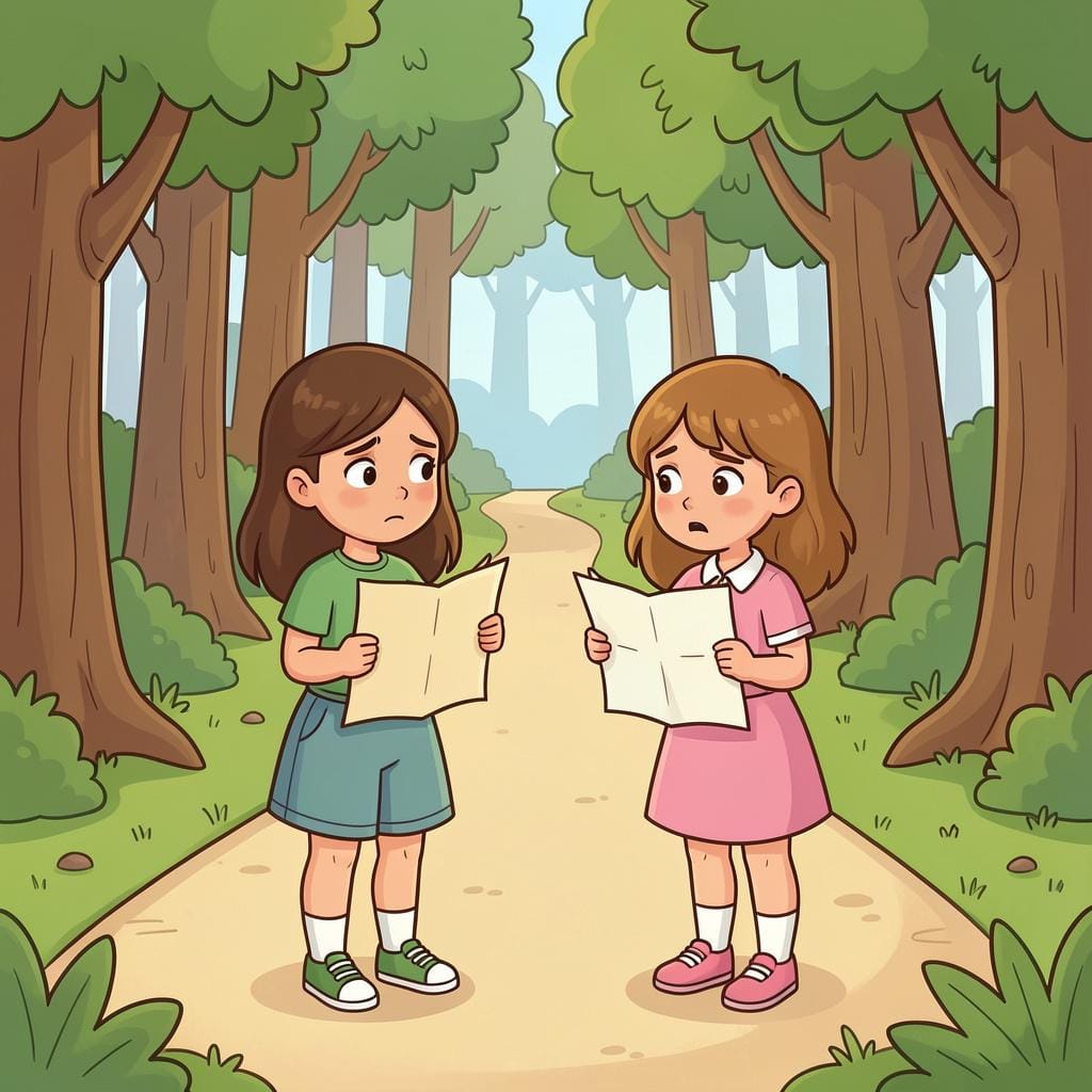 Uma ilustração de livro de histórias de alta qualidade de duas meninas pequenas parecendo confusas em uma bifurcação de um caminho na floresta.