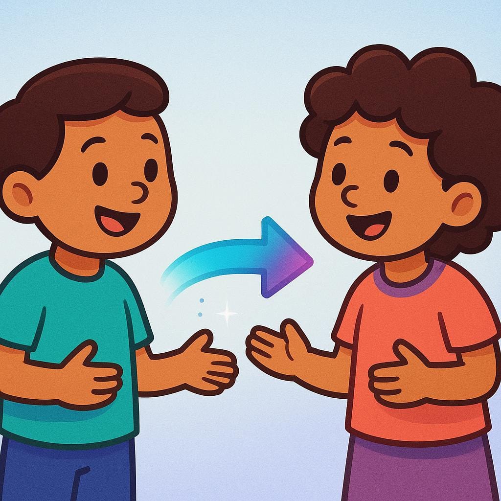 Two simple, friendly storybook characters facing each other. A brightly colored arrow shape flows from one character's head to the other, visually symbolizing shared information or communication.