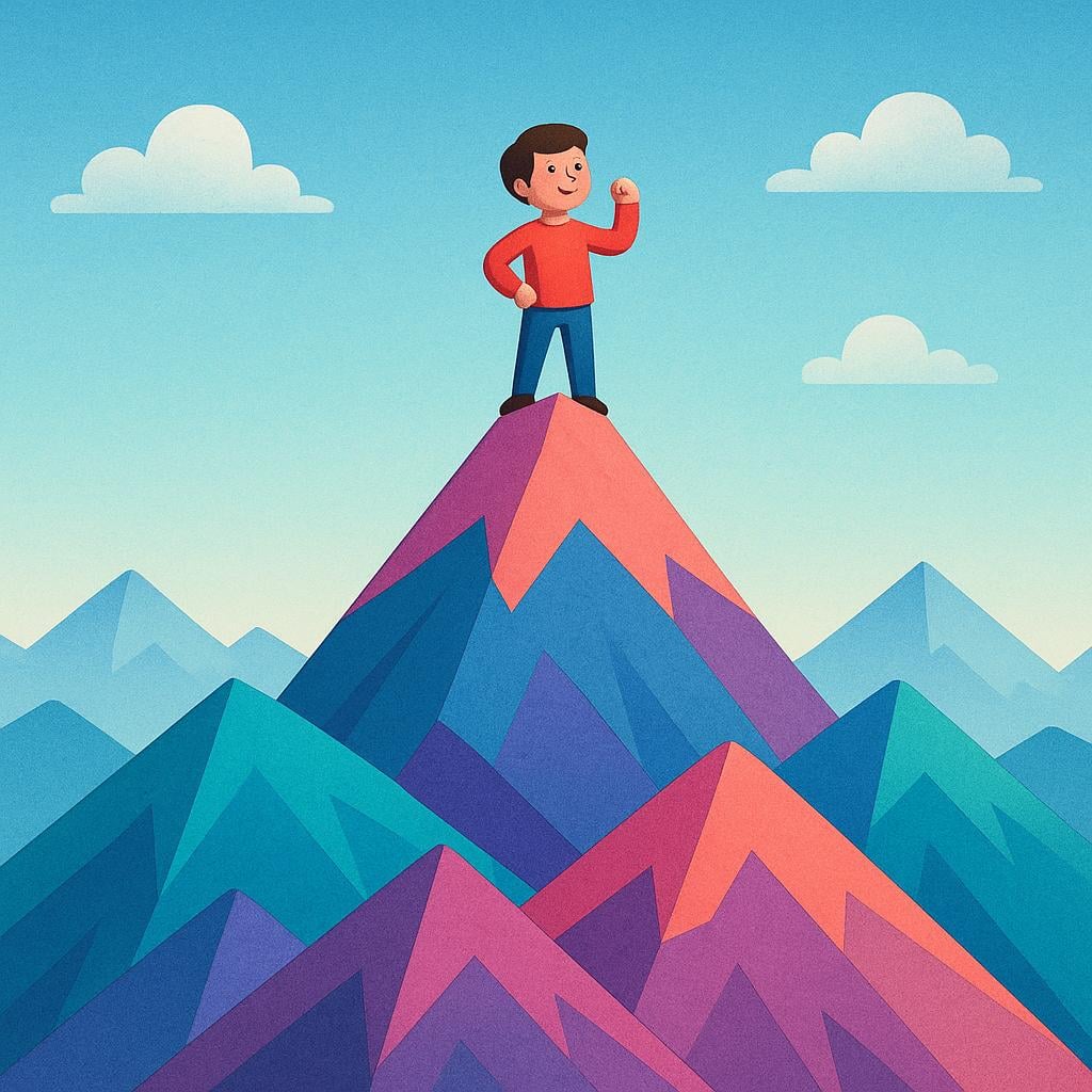 A triumphant small figure stands successfully on the highest point of a brightly colored, stylized mountain peak, indicating the achievement of a goal.