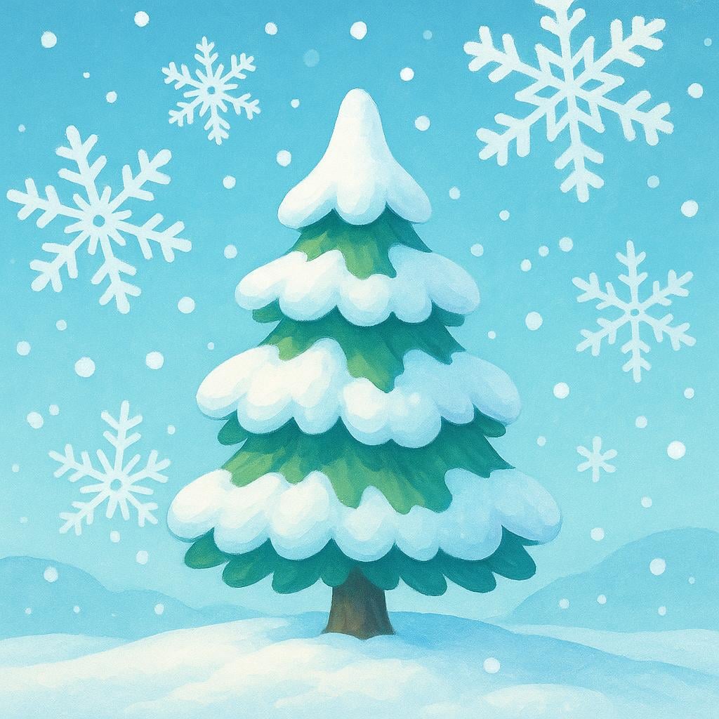 A simple winter scene showing large, soft white snowflakes gently falling and accumulating on the branches of a dark green pine tree.