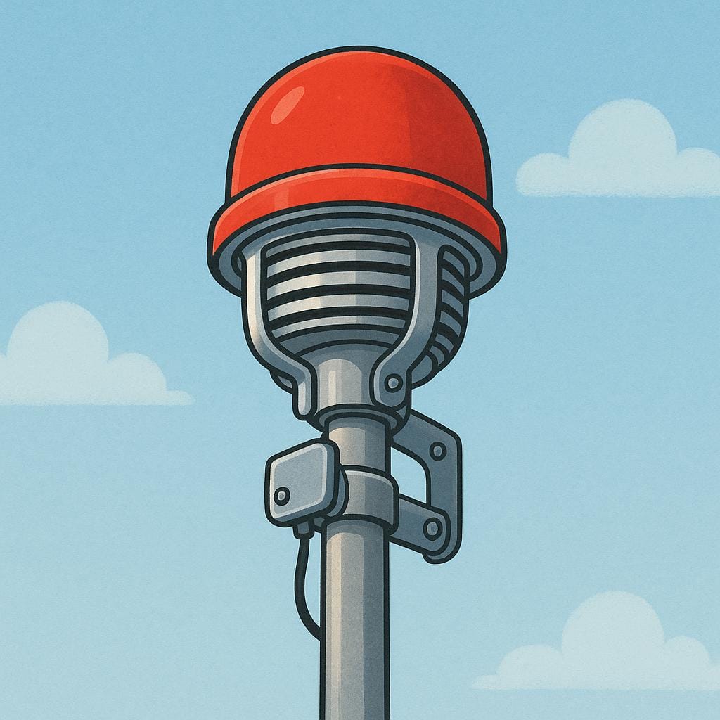 A bright red and silver mechanical siren device, typically used as a loud warning alarm, mounted on a simple pole.