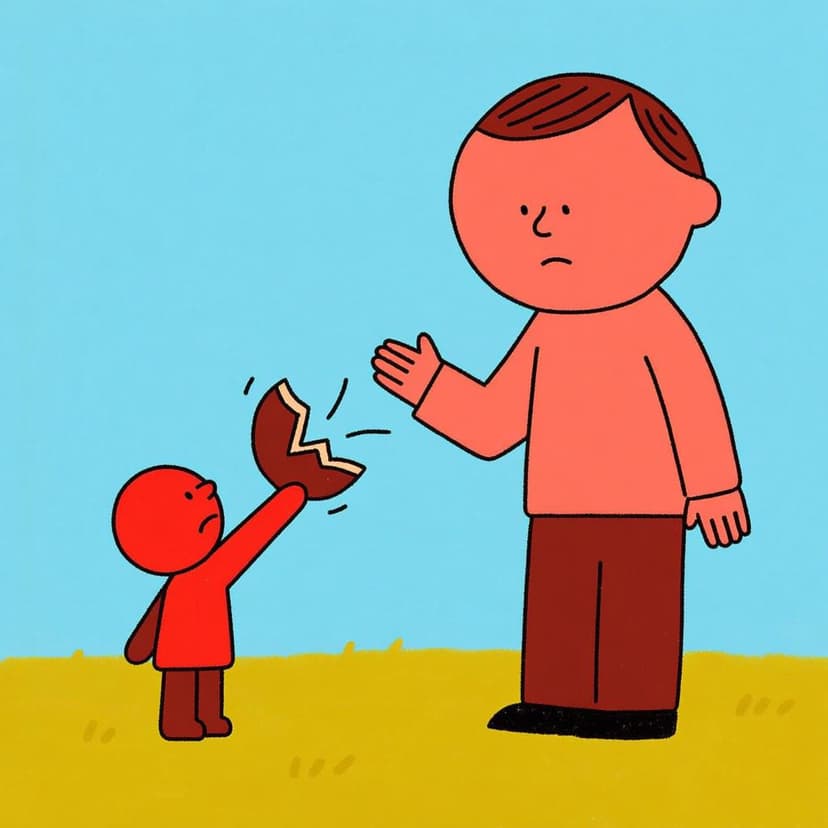 A small figure holds up a tiny, clearly broken object to a larger, understanding figure, symbolizing the request to excuse or forgive a fault.